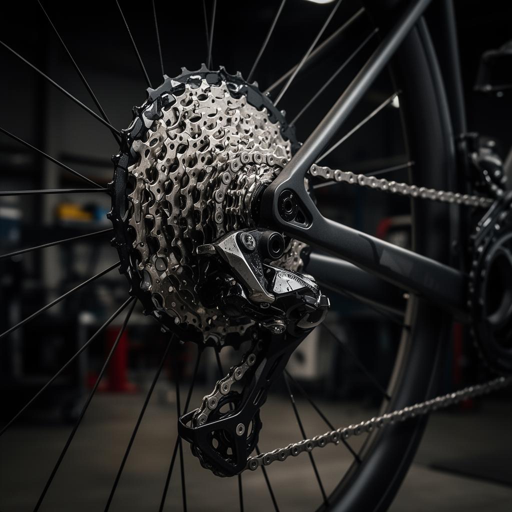 Close-up of a freshly serviced bicycle drivetrain